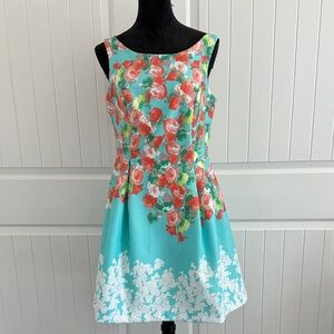 Donna Ricco Aqua and Coral Floral Mini Dress